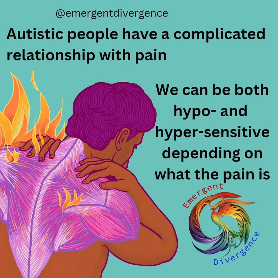 Autistic people have a complicated relationship with pain
<p>We can be both hypo- and hypersensitive depending on what the pain is" class="wp-image-6387" style="width:294px;height:auto"></figure></p>
<!-- /wp:image -->
<!-- wp:paragraph -->
<p>Research suggests that Autistic people have a mixed and complex experience of pain (Green & Cage, 2023). This had led to a view that we can be both hypersensitive to pain and hyposensitive. <a href=