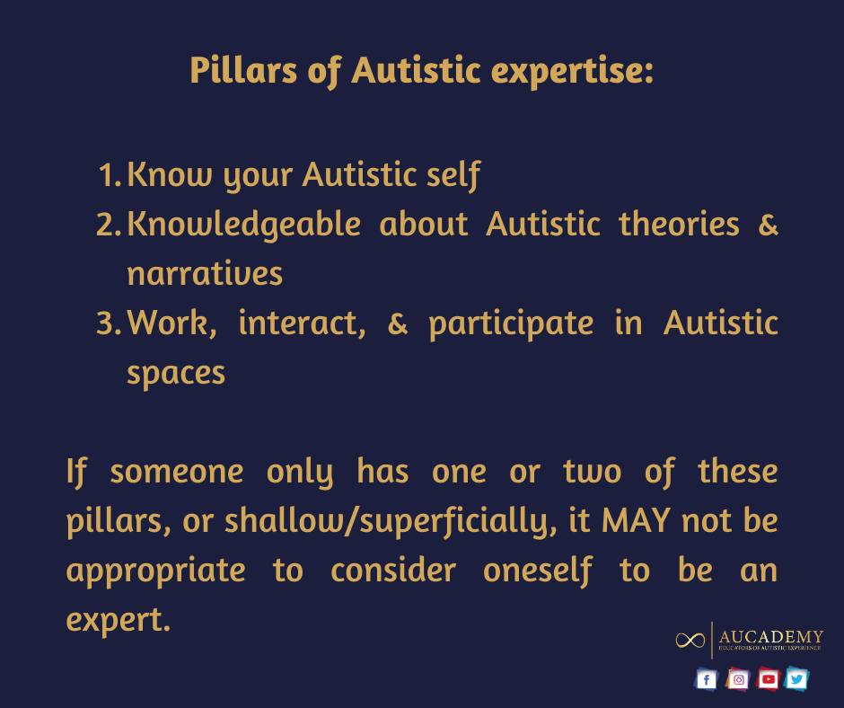 Contents of this image is discussed in the context of CAMHS
<p>Text reads</p>
<p>"Pillars of Autistic Expertise</p>
<ol>
<li>Know your Autistic self</li>
<li>Knowledgable about Autistic theories & narratives</li>
<li>Work,, interact, & participate in  Autistic spaces</li>
</ol>
<p>If someone only has one or two of these pillars, or shallow/superficially, it MAY not be appropriate to consider oneself to be an expert."" class="wp-image-4746" style="width:555px;height:auto"></figure></p>
<!-- /wp:image -->
<!-- wp:paragraph -->
<p>While the pillars of expertise require oneself to be Autistic in order to truly have expertise in the field of autism, neurodivergence competence is geared more toward the professionals working with Autistic people. It requires professionals to have an intimate knowledge of the growing Autistic culture and how that plays out in the lives of Autistic people.</p>
<!-- /wp:paragraph -->
<!-- wp:heading -->
<h2 class=