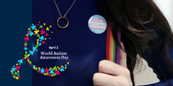 An image from CAMHS of a person wearing a jumper with colourful puzzle pieces and the date of World Autism Day