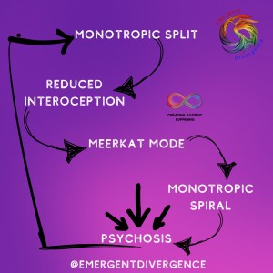 The burnout to psychosis cycle, showing monotropic split, leading to reduced interoception, which the author posits can be mitigated through Autistic stimming, leading to meerkat mode, then monotropic spiral and psychosis
